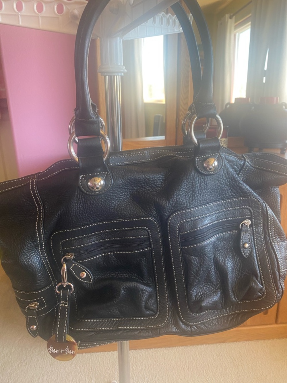 Black Leather Satchel Handbag -